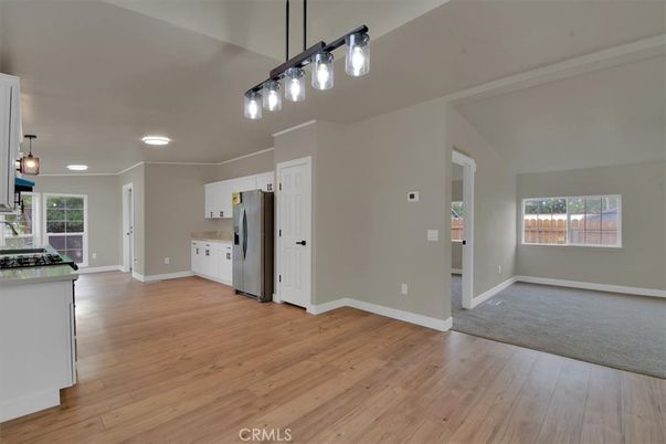 Empty room, Interior, Kitchen, Pendant Lights, Wood Texture Flooring