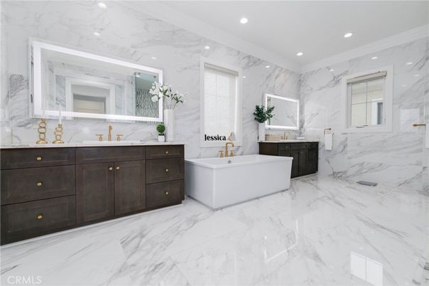 Bathroom, Dual Sink Vanities, Free Standing Baths, Interior, Marble, Marble Walls, Recessed Lighting