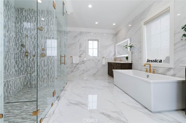 Bathroom, Free Standing Baths, Glass Shower, Interior, Marble, Marble Walls, Recessed Lighting