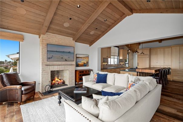 Fireplace, Interior, Kitchen, Living room, Pendant Lights, Recessed Lighting, Stone Walls, Wooden Beams, Wooden Ceilings, Wood Texture Flooring