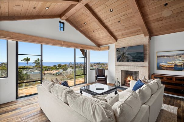 Fireplace, Interior, Living room, Recessed Lighting, Stone Walls, Water, Wooden Beams, Wooden Ceilings, Wood Texture Flooring
