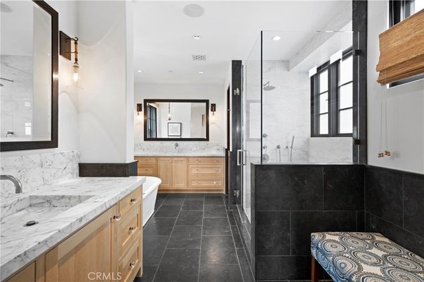 Bathroom, Dual Sink Vanities, Glass Shower, Interior, Marble Walls, Recessed Lighting