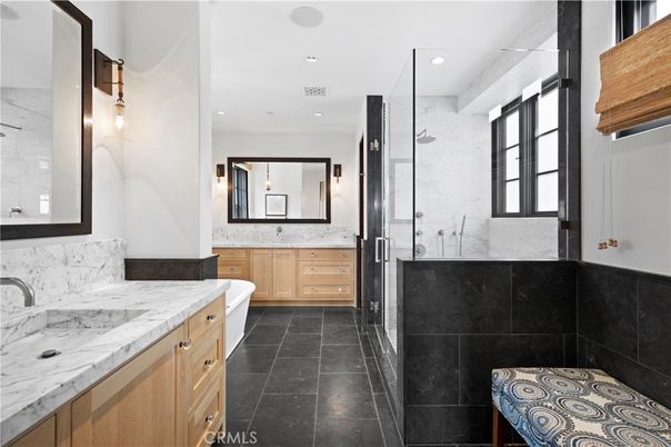 Bathroom, Dual Sink Vanities, Glass Shower, Interior, Marble Walls, Recessed Lighting