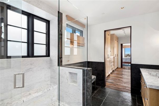 Bathroom, Glass Shower, Interior, Marble Walls, Recessed Lighting, Wood Texture Flooring