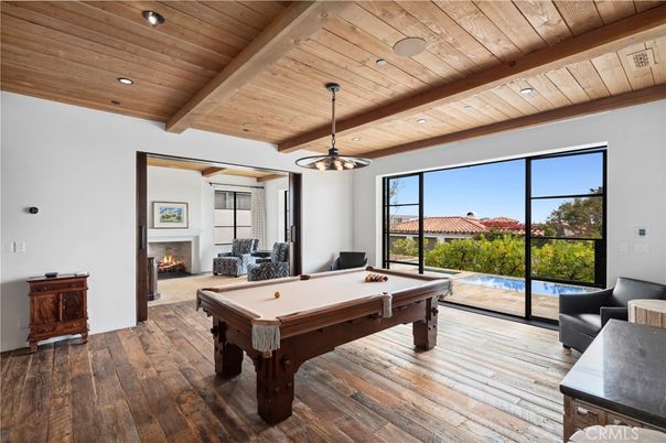 Billiard Table, Fireplace, Game Room, Interior, Pendant Lights, Recessed Lighting, Wooden Beams, Wooden Ceilings, Wood Texture Flooring