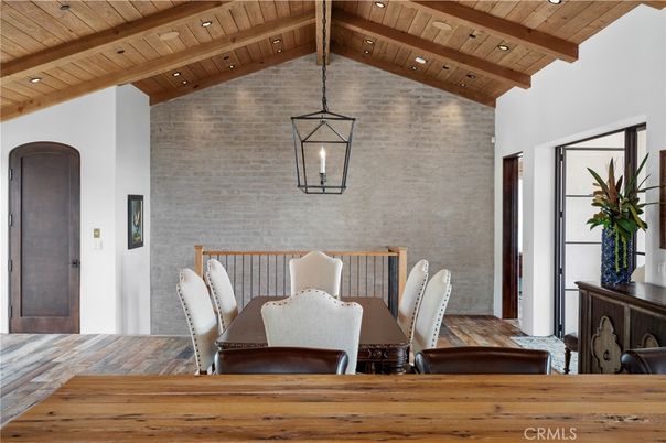 Dining room, Interior, Pendant Lights, Recessed Lighting, Stone Walls, Wooden Beams, Wooden Ceilings, Wood Texture Flooring