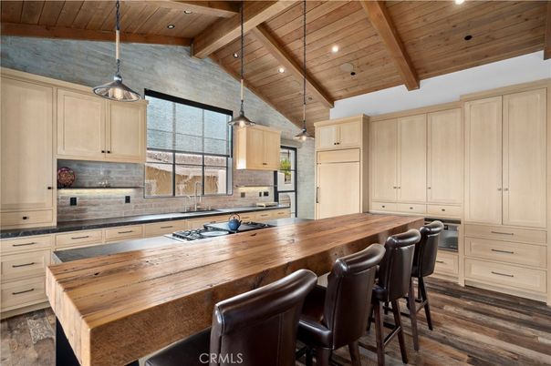 Interior, Kitchen, Pendant Lights, Recessed Lighting, Stainless Steel Appliances, Wooden Beams, Wooden Ceilings, Wood Texture Flooring