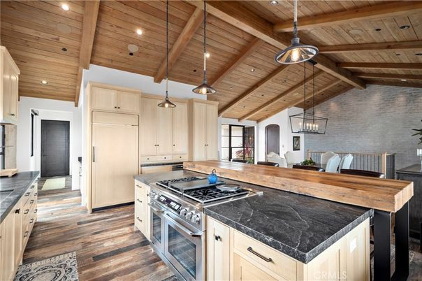 Interior, Kitchen, Pendant Lights, Recessed Lighting, Stainless Steel Appliances, Stone Walls, Wooden Beams, Wooden Ceilings, Wood Texture Flooring