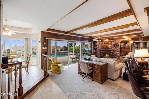 Dining room, Fireplace, Interior, Living room, Stone Walls, Wooden Beams