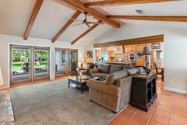Chandelier, Interior, Kitchen, Living room, Pendant Lights, Stainless Steel Appliances, Wooden Beams