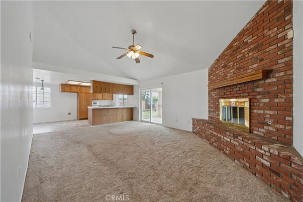Empty room, Fireplace, Interior, Kitchen, Pendant Lights, Stone Walls