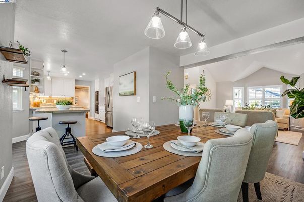 Dining room, Interior, Kitchen, Living room, Pendant Lights, Recessed Lighting, Wood Texture Flooring