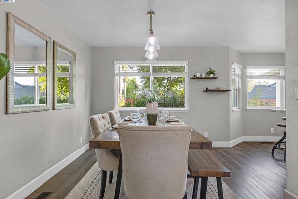 Dining room, Interior, Pendant Lights, Wood Texture Flooring