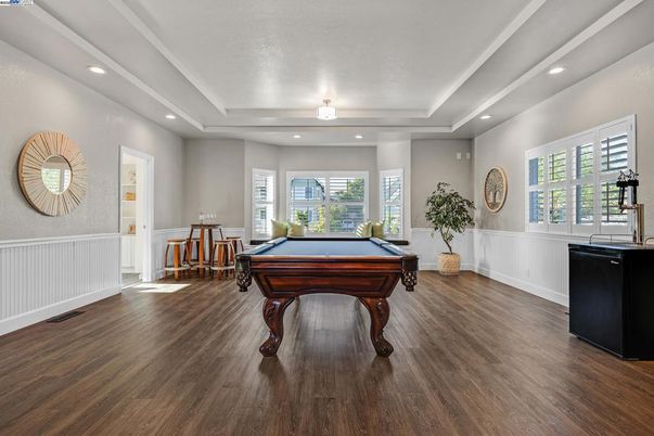 Billiard Table, Game Room, Interior, Recessed Lighting, Wood Texture Flooring