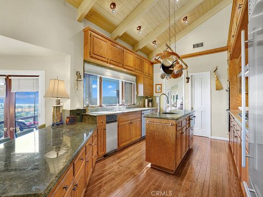 Interior, Kitchen, Pendant Lights, Recessed Lighting, Stainless Steel Appliances, Wooden Beams, Wooden Ceilings, Wood Texture Flooring