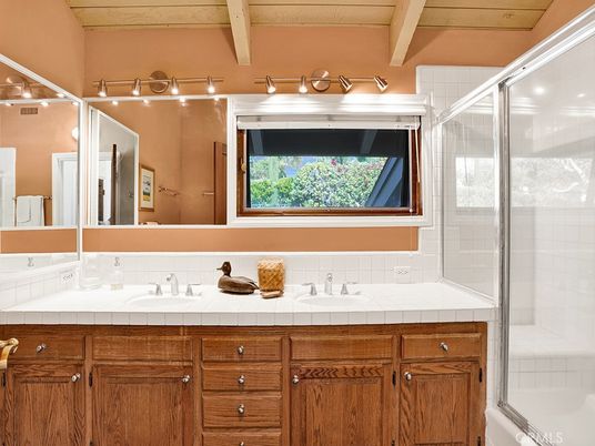 Bathroom, Dual Sink Vanities, Glass Shower, Interior, Tile Countertops, Wooden Beams