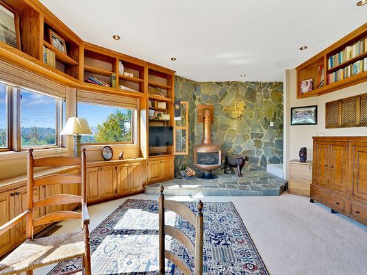 Fireplace, Interior, Recessed Lighting, Stone Walls