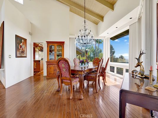 Chandelier, Dining room, Interior, Recessed Lighting, Wooden Beams, Wooden Ceilings, Wood Texture Flooring