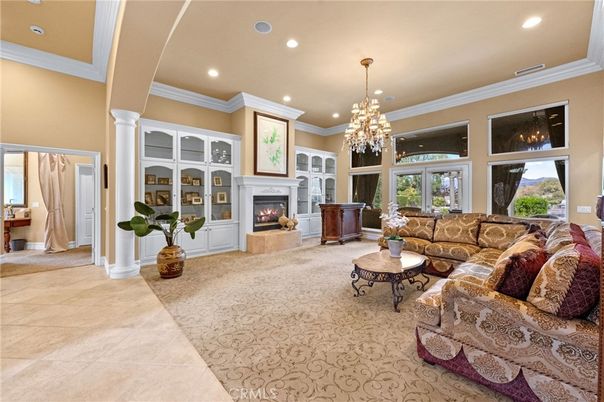 Chandelier, Fireplace, Interior, Living room, Recessed Lighting