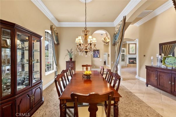 Chandelier, Dining room, Fireplace, Interior