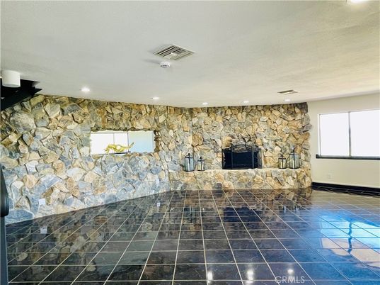 Empty room, Fireplace, Interior, Recessed Lighting, Stone Walls