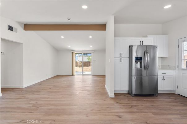 Interior, Kitchen, Recessed Lighting, Stainless Steel Appliances, Wooden Beams, Wood Texture Flooring