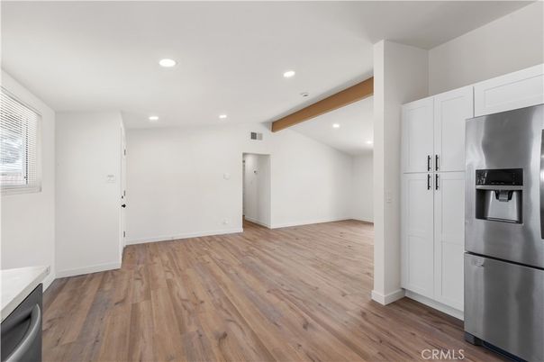 Interior, Kitchen, Recessed Lighting, Stainless Steel Appliances, Wooden Beams, Wood Texture Flooring