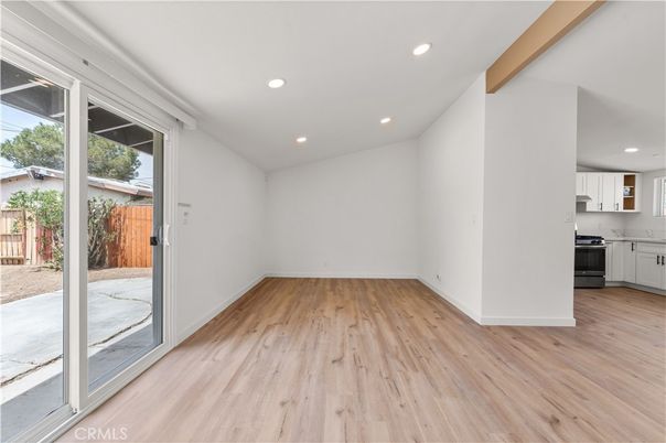 Empty room, Interior, Kitchen, Recessed Lighting, Wooden Beams, Wood Texture Flooring
