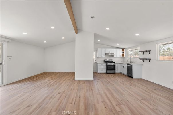 Interior, Kitchen, Recessed Lighting, Stainless Steel Appliances, Wooden Beams, Wood Texture Flooring
