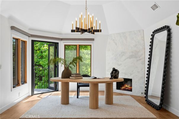 Chandelier, Fireplace, Home Office, Interior, Pendant Lights, Wood Texture Flooring