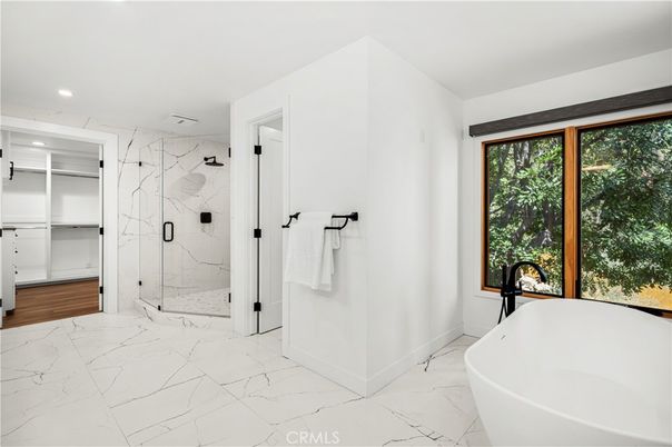 Bathroom, Free Standing Baths, Glass Shower, Interior, Marble, Marble Walls, Recessed Lighting