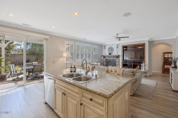 Fireplace, Interior, Kitchen, Living room, Recessed Lighting, Wood Texture Flooring