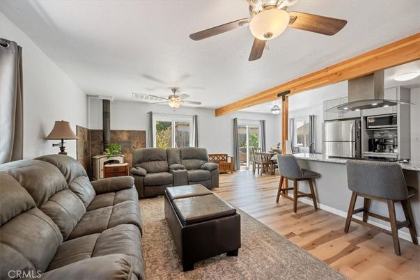 Dining room, Interior, Kitchen, Living room, Stainless Steel Appliances, Wooden Beams, Wood Texture Flooring