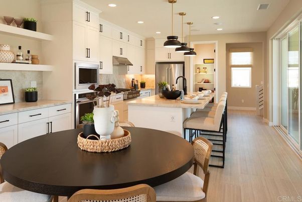 Dining room, Interior, Kitchen, Pendant Lights, Recessed Lighting, Stainless Steel Appliances, Wood Texture Flooring