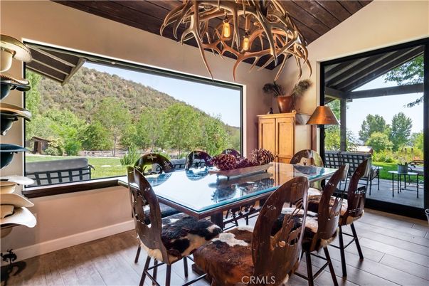 Chandelier, Dining room, Interior, Wooden Ceilings, Wood Texture Flooring