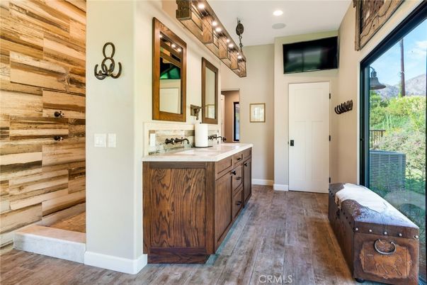 Bathroom, Dual Sink Vanities, Interior, Recessed Lighting, Wood Texture Flooring, Wooden Walls
