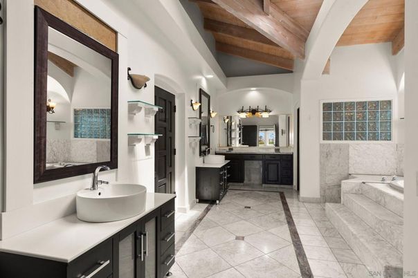 Bathroom, Dual Sink Vanities, Interior, Marble, Wooden Beams, Wooden Ceilings