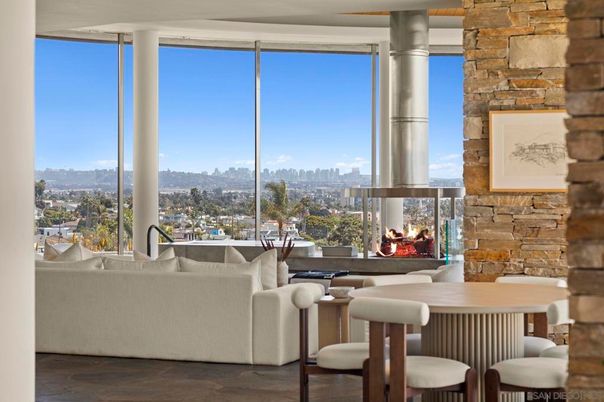 Dining room, Fireplace, Interior, Living room, Stone Walls, Wood Texture Flooring