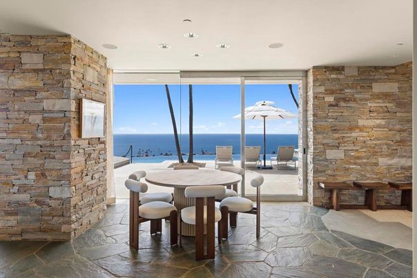 Dining room, Interior, Recessed Lighting, Stone Walls, Water