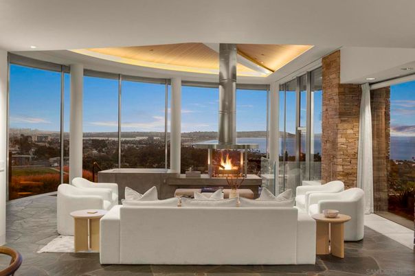 Fireplace, Interior, Living room, Recessed Lighting, Stone Walls, Wooden Ceilings