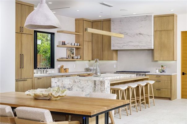 Interior, Kitchen, Marble Walls, Pendant Lights, Recessed Lighting