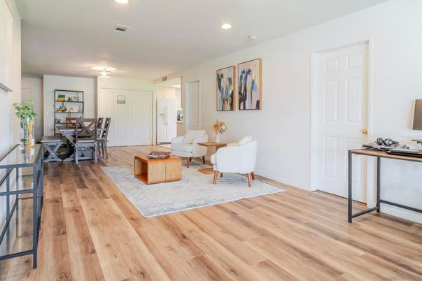 Dining room, Interior, Living room, Recessed Lighting, Wood Texture Flooring
