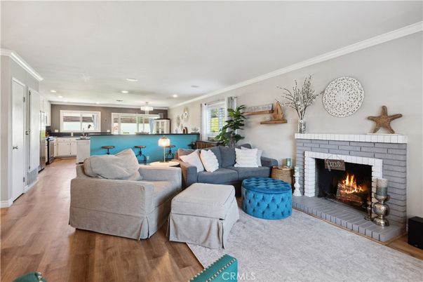 Fireplace, Interior, Kitchen, Living room, Pendant Lights, Recessed Lighting, Wood Texture Flooring