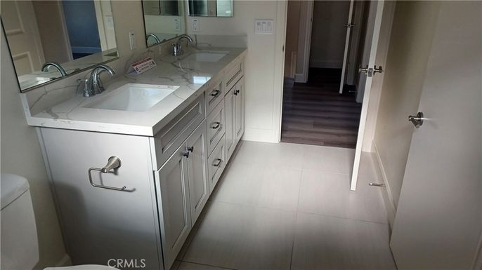 Bathroom, Dual Sink Vanities, Interior, Marble, Wood Texture Flooring