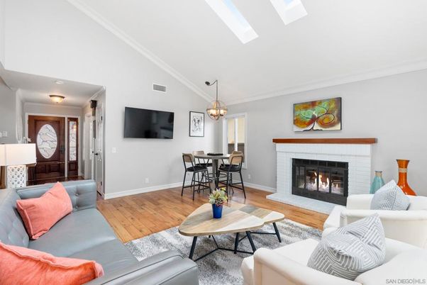 Dining room, Fireplace, Interior, Living room, Pendant Lights, Wood Texture Flooring