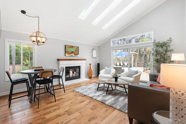 Dining room, Fireplace, Interior, Living room, Pendant Lights, Wood Texture Flooring