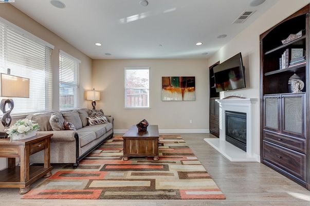 Fireplace, Interior, Living room, Recessed Lighting, Wood Texture Flooring