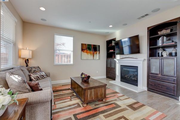 Fireplace, Interior, Living room, Recessed Lighting, Wood Texture Flooring