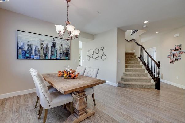 Chandelier, Dining room, Interior, Recessed Lighting, Wood Texture Flooring