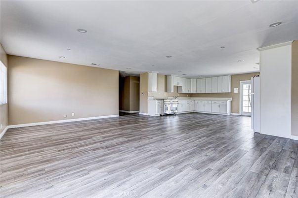 Empty room, Interior, Kitchen, Recessed Lighting, Wood Texture Flooring